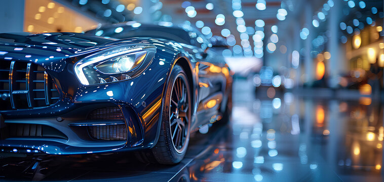 photo of a new black car on display with a car showroom in the background