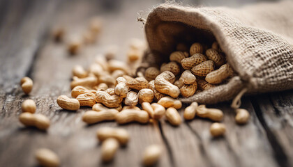 peanuts in a miniature burlap bag on wooden surface

