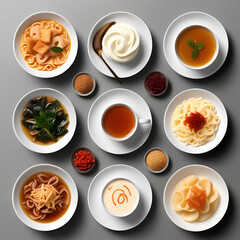 Top view of different types of pasta in porcelain bowls.