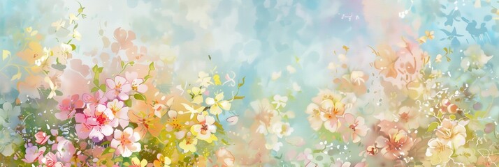 Fototapeta na wymiar Tender artistic floral background poster or banner with copyspace for International Women's day with pastel painted abstract flowers