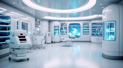 White futuristic hospital laboratory interior with medical supplies