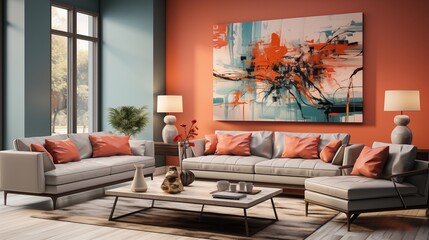 Modern Coral and Gray Living Room