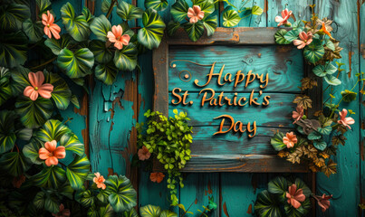 Celebratory Happy St Patrick's Day greeting in elegant script on a textured green wooden background, festooned with shamrocks for the Irish holiday - obrazy, fototapety, plakaty