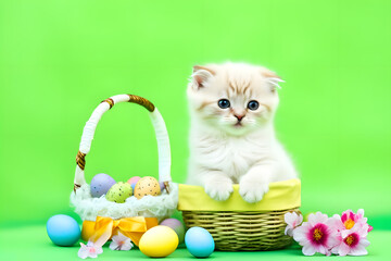 Fototapeta na wymiar Cute little kitten with basket and easter eggs on green background