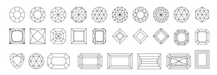 Diamond shape outline set. Gem collection thin line. Jewel symbol in linear style. Crystal, gemstone black contour icons design isolated. PNG