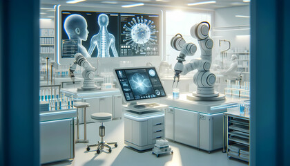 A serene, advanced medical laboratory featuring robotic process automation. Next-generation healthcare robots with a human touch are performing intricate procedures