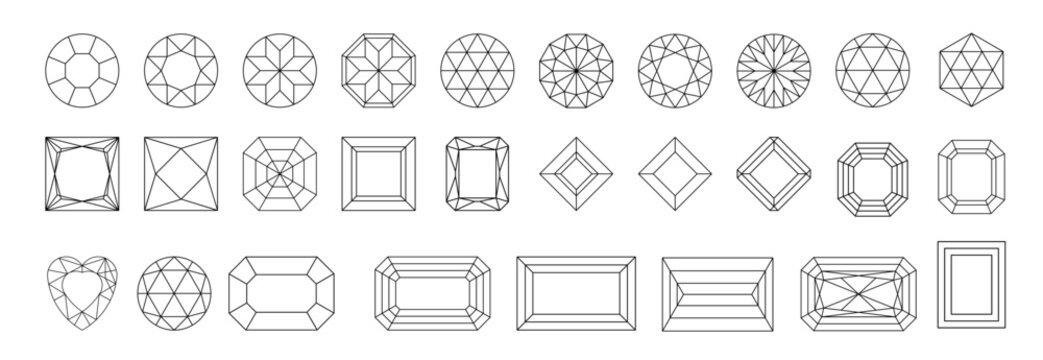 Diamond shape outline set. Gem collection thin line. Jewel symbol in linear style. Crystal, gemstone black contour icons design isolated. PNG