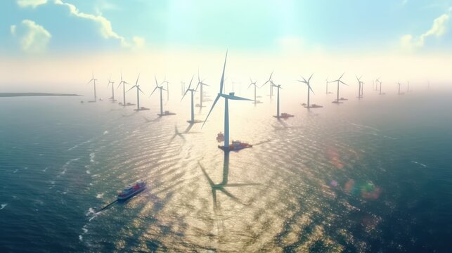 Windmill Park In The Ocean, Drone Aerial View Of Windmill Turbines Generating Green Energy Electrically, Windmills Isolated At Sea In The Netherlands.