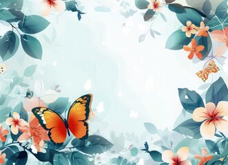 Fototapeta na wymiar Hello spring text template design- Spring greeting typography with fresh bloom flowers and butterfly 