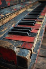 Close-up of the colorful keys of an old piano