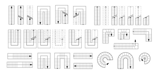 Drawing stairs of plan. Detailed architectural drawing collection stairs in different forms. Top view. Isolated set PNG © Hanna_zasimova