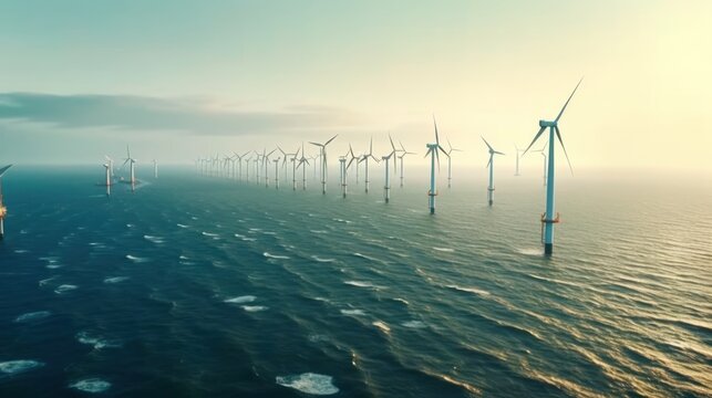 Windmill Park In The Ocean, Drone Aerial View Of Windmill Turbines Generating Green Energy Electrically, Windmills Isolated At Sea In The Netherlands.