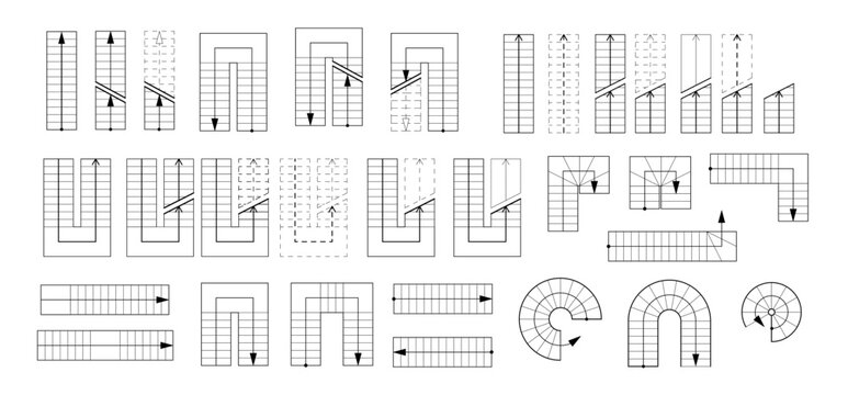 Drawing stairs of plan. Detailed architectural drawing collection stairs in different forms. Top view. Isolated set PNG