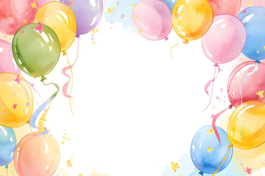 Cute cartoon colorful balloons frame border on background in watercolor style.