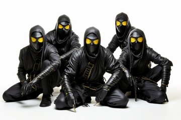 A team of elite ninja assassins, clad in sleek black attire, strikes a powerful pose against a pristine white backdrop, showcasing their formidable skills and unity. Generative AI. - obrazy, fototapety, plakaty
