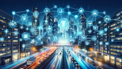 A smart cityscape, illuminated by the Internet of Things (IoT), where every device, from street lamps to vehicles, is interconnected, optimizing energy use and traffic flow. 