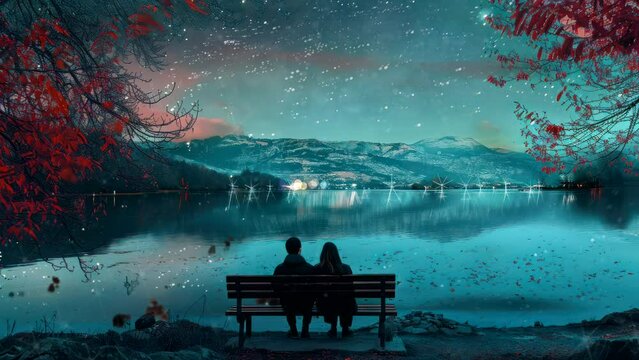 couple on a bench looking at the lake view at night. Seamless looping time-lapse virtual 4k video animation background