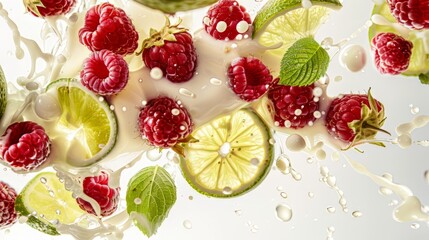 Raspberries falling from the air into the lime, creating splashes of milk