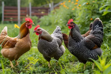 Wandaufkleber Free range chickens on grass at farm. © Pacharee