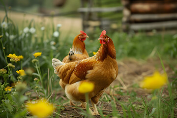 Fototapeta premium Free range chickens on grass at farm.