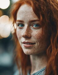 portrait of a happy and attractive girl with freckles and natural red hair
