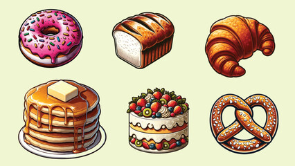 Bakery items vector illustrations of sweet treats for birthday parties,  set of bread and pastry bakery food products.