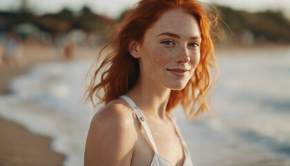 portrait of a happy and attractive girl with freckles and natural red hair
