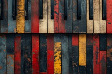Close-up of the colorful keys of an old piano