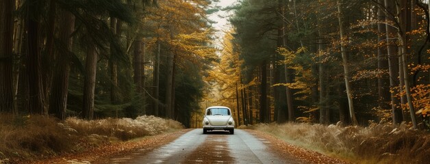 Vintage Car Driving Through Autumn Forest Road