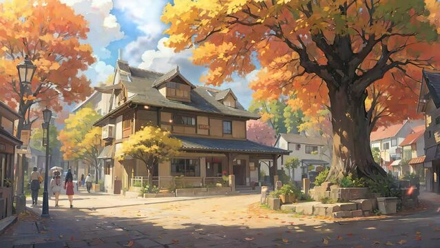 The house is featured in a 4K video loop, surrounded by a bright and warm autumn landscape during the daytime.