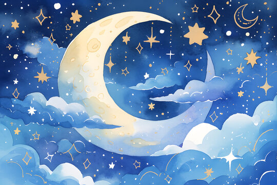 Cute cartoon moons in the sky on background in watercolor style.
