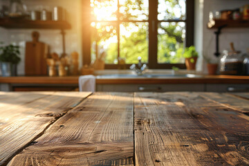 Beautiful Wood Tabletop with Modern Kitchen Bokeh Background