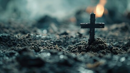 The Christian cross and ashes are symbols of Jesus Christ's religion, sacrifice, and redemption. - obrazy, fototapety, plakaty
