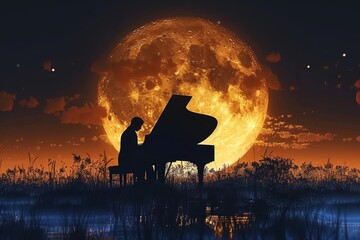 An evocative image of a pianist playing under a gigantic full moon rising in a starry night sky, reflecting on calm waters