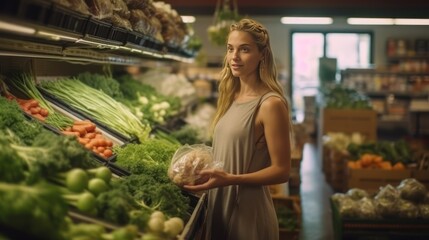 Woman in zero waste shop shopping for farm grown vegetables, picking ripe green onions. Client in plastic free local grocery shop using decomposable