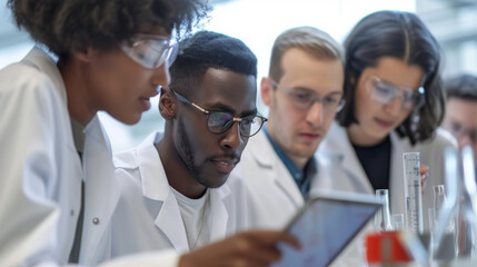 A group of researchers looking at a tablet screen.
