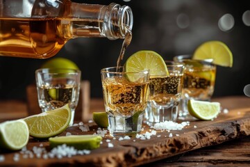 Tequila being poured into a shot glass with lime wedges and salt on a wooden table