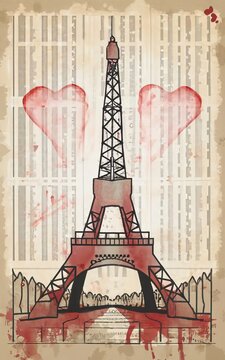 An image of the Eiffel Tower with several hearts, in various sizes, drawn on it.