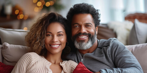 Happy interracial couple cuddling on a couch with festive Christmas lights in the background
