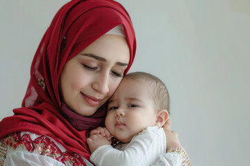 Arabian smiling mother wear hijab hugging her sweet baby over white background. Child care, babyhood, motherhood. Products for children