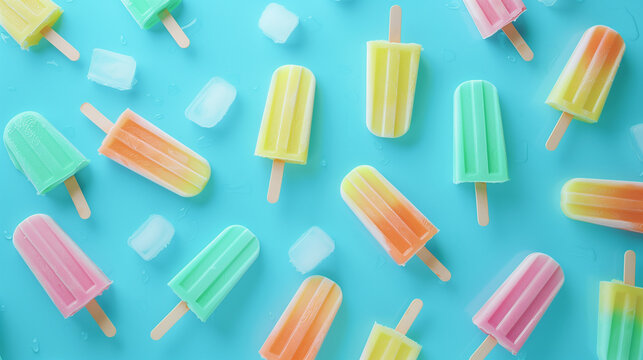 Assorted Popsicles on a Blue Background with Ice Cubes