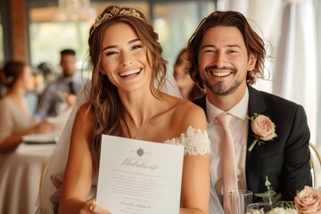 Joyful bridal couple with bridesmaid holding a wedding menu, showing camaraderie and enjoyment - obrazy, fototapety, plakaty
