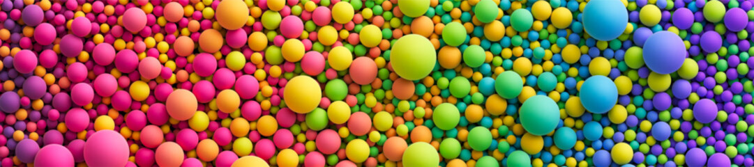 Vector colorful balls background for kids zone or children's playroom. Wide banner or header with many rainbow random gradient bright soft balls. Huge pile of colorful mixed balls in different sizes - obrazy, fototapety, plakaty