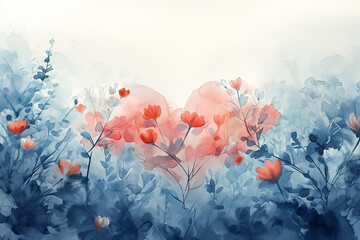 Abstract watercolor painting with hearts, flowers and pinks. Birds perch gracefully on blooming branches. Stimulate love and romance