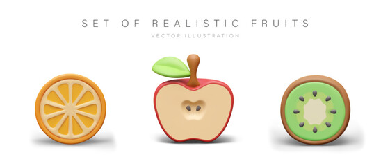 Set of 3d fruit halves in cartoon style. Sliced orange, apple, kiwi