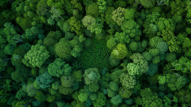 Aerial top down view of a green forest with human fingerprint in the middle , deforestation and human impact on nature biodiversity concept illustration 