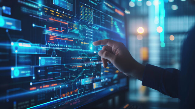 Agile software development. Business developer using computer with Kanban board framework on futuristic virtual screen interface, lean project management tool for fast changes concept 