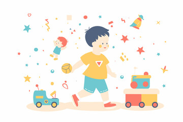 Fototapeta premium Illustration Toddler Walk With Toys