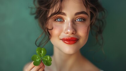 A beautiful young woman with bright red lips and big blue eyes looks with joy and surprise at the four-leaf clover leaf