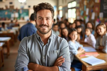 Fototapeta premium Handsome teacher in a classroom with diverse students, portraying a positive and friendly educational environment
